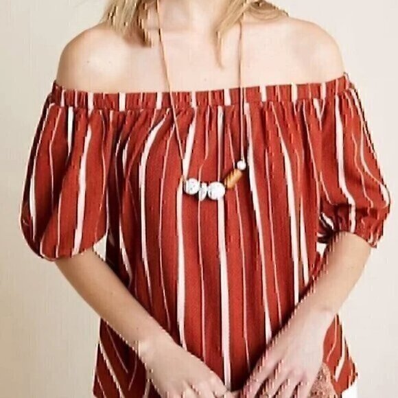 ANTHROPOLOGIE ANTHRO Elodie Off the Shoulder Top Terracotta Rust Red Stripe Boho - Picture 1 of 11